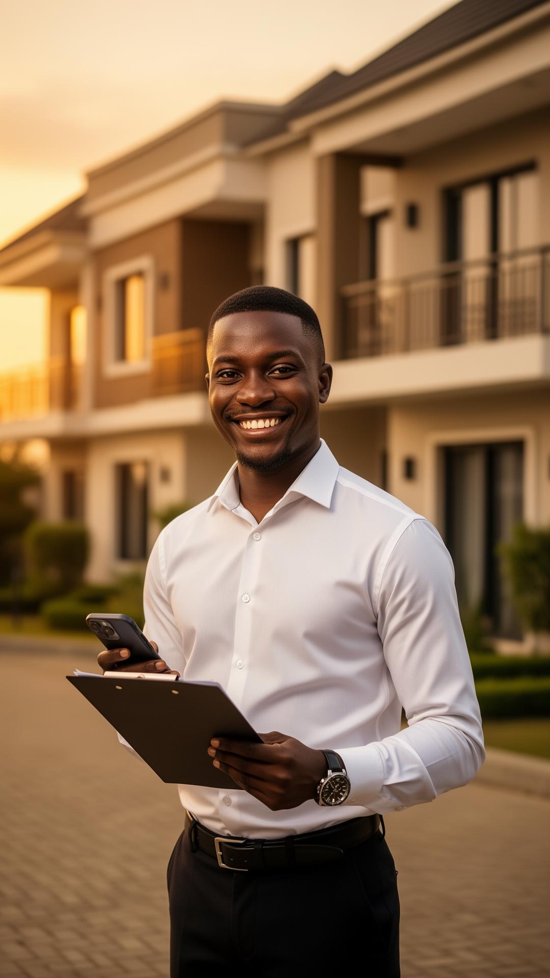 Professional Nigerian concierge in Abuja holding a clipboard, ready to handle errands for diaspora clients